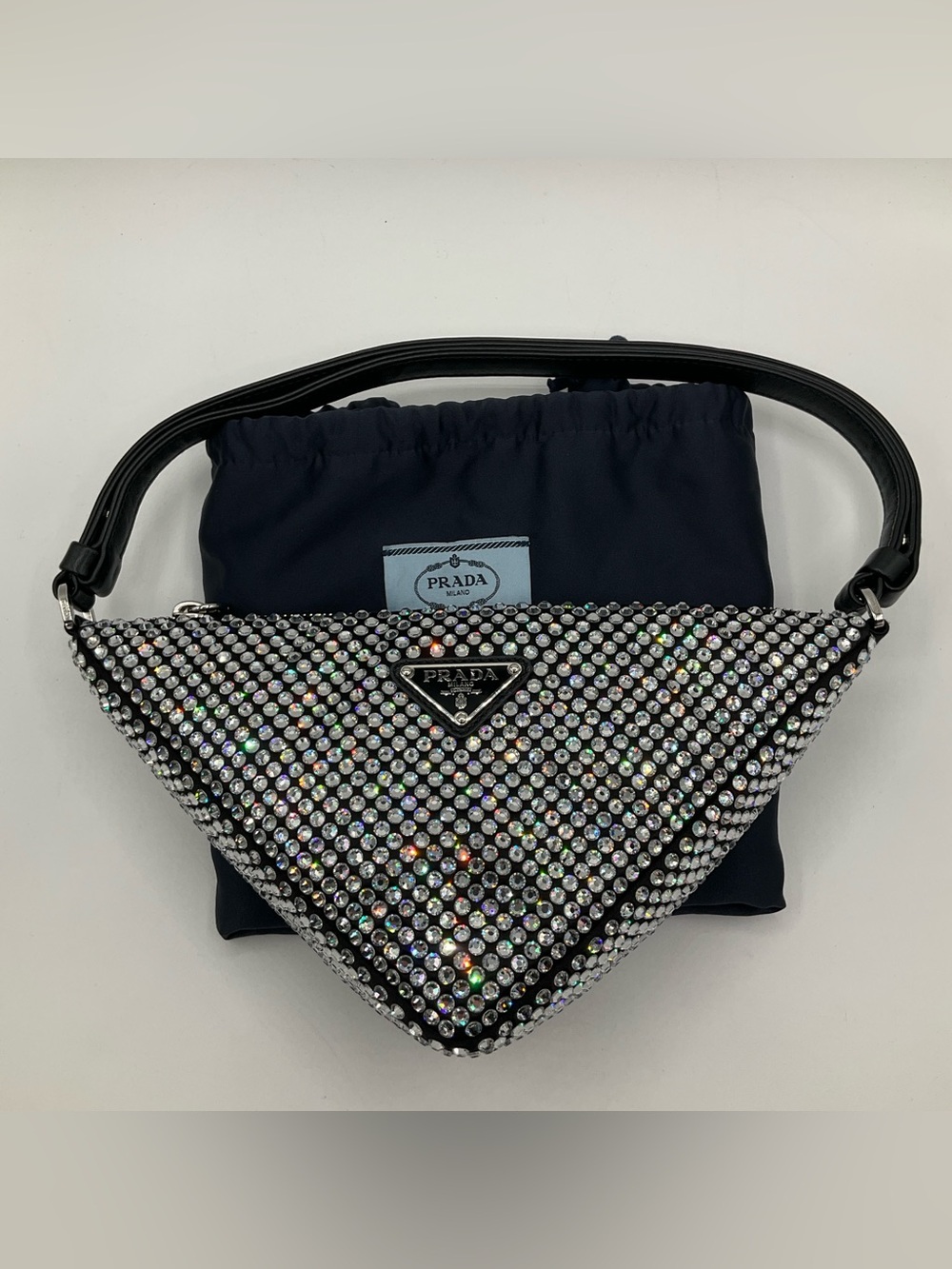 Prada Triangle Logo Zip Crossbody Bag Crystal Embellished Satin Small
